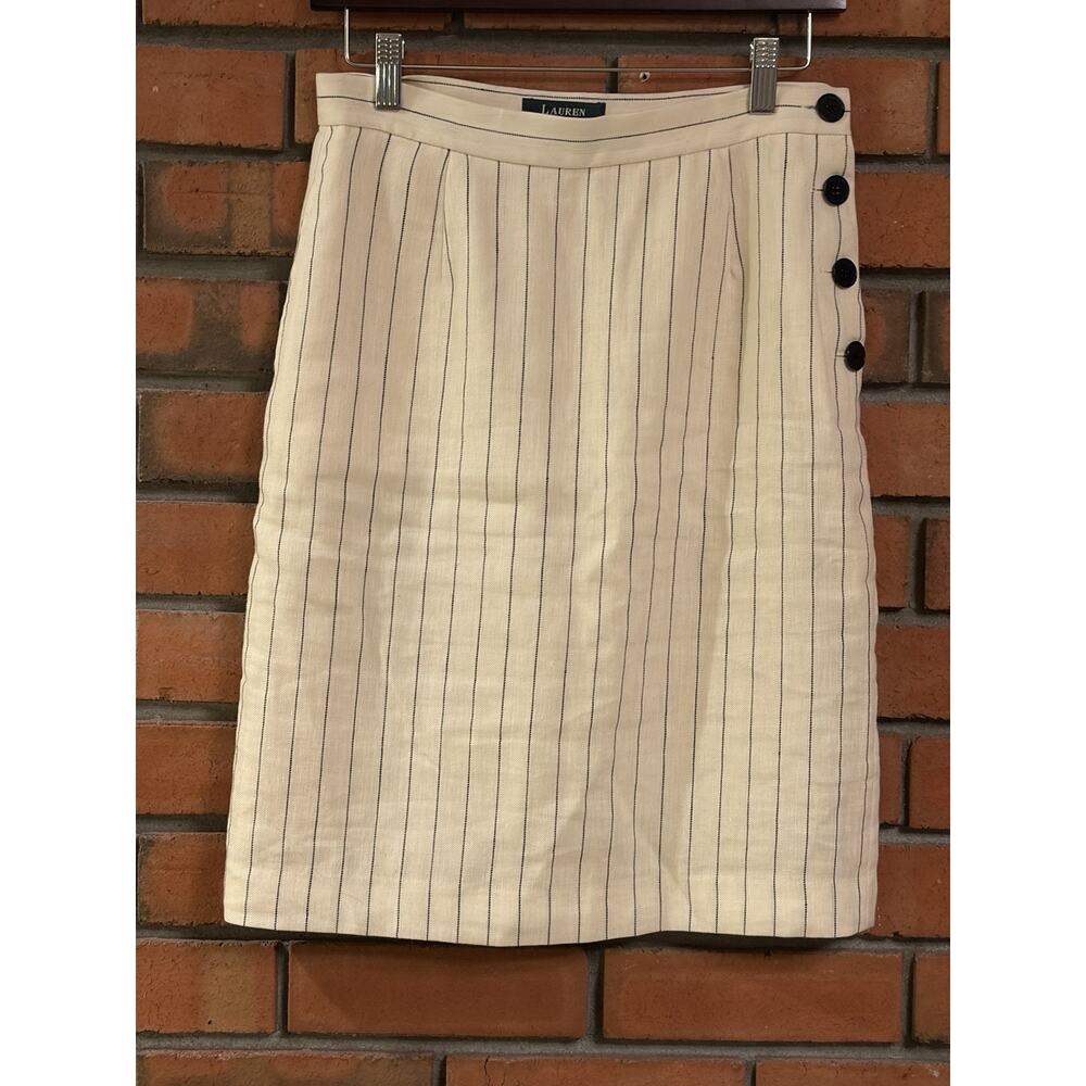 Lauren Ralph Lauren Petite Linen Wool Pencil Skirt Women’s 4P Cream Pinstripe